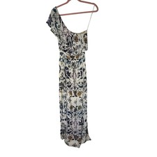 Lucky Brand Ivory Blue Florals One Shoulder Ruffle Flowy Boho Maxi Dress Size S