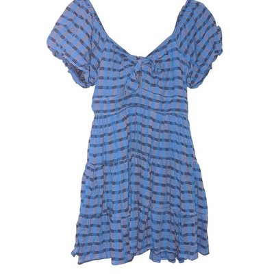 Trixi Francesca's Blue Gingham Tiered Puff Sleeve Mini Dress Large NWT