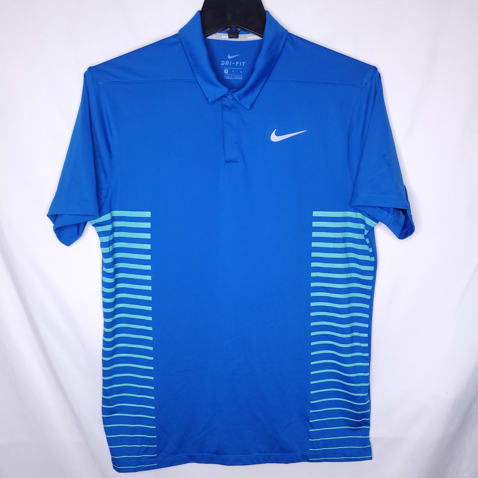 Nike Polo Shirt Mens Medium Blue Striped Dri Fit Golf