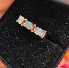 9ct Yellow Gold Opal & Pink Sapphire Prong Set Band Ring Size L 2.05G