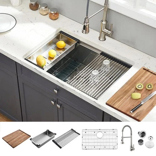 Undermount Kitchen Sink 30in 32in Single Bowl Ledge Workstation with Accessories