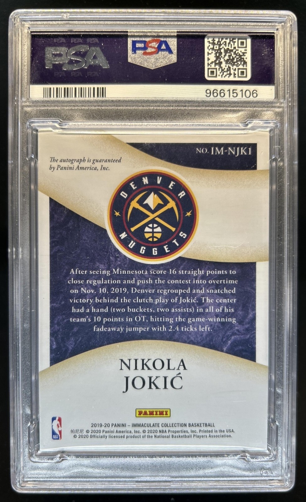 2019-20 Panini Immaculate Nikola Jokic Moments Auto Autograph #/49 PSA 9 view 2