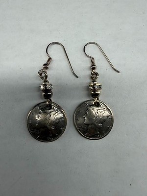 Vintage Mercury Dime Coin Drop Earrings Silver Tone Handmade