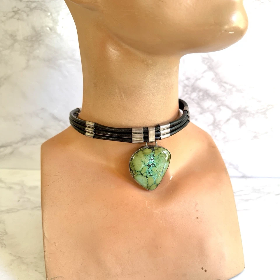 "Antiguo collar gargantilla de plata esterlina Echos colgante turquesa verde 15,75"" 68 g" Foto 2 de 4