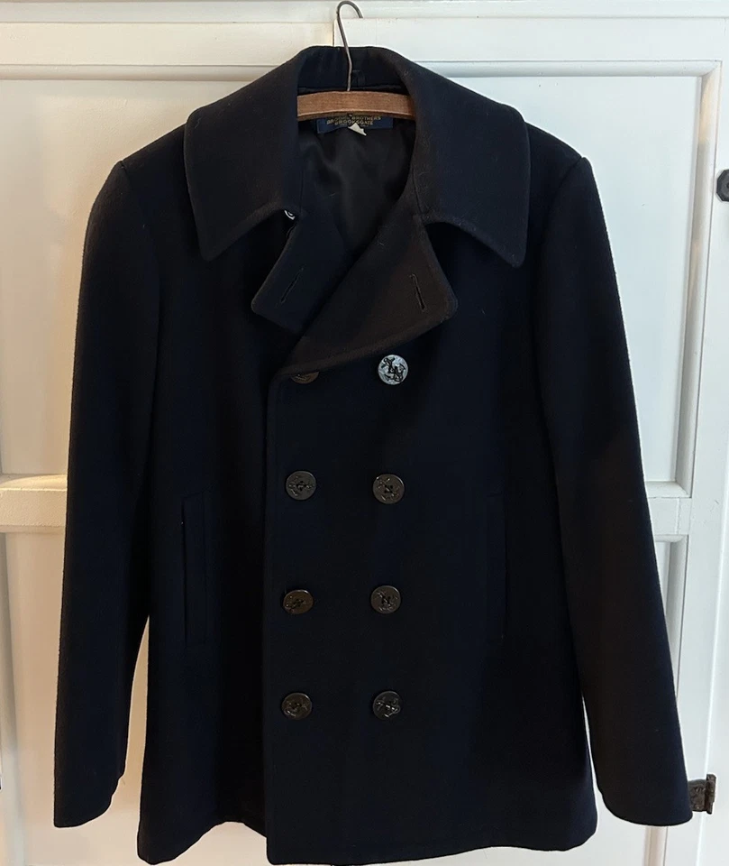 Brooks Brothers Pea Coat Mens Medium Navy Blue Wool Flannel Quilt Line Button 38 - Image 2 of 4