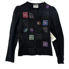Vintage Susan Bristol Sweater Womens Small Embroidered Beaded Floral Wool 90s
