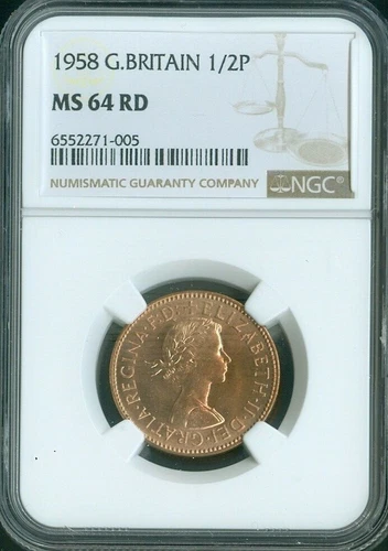 1958 Great Britain 1/2 Penny NGC MS-64 RED Quality✔️