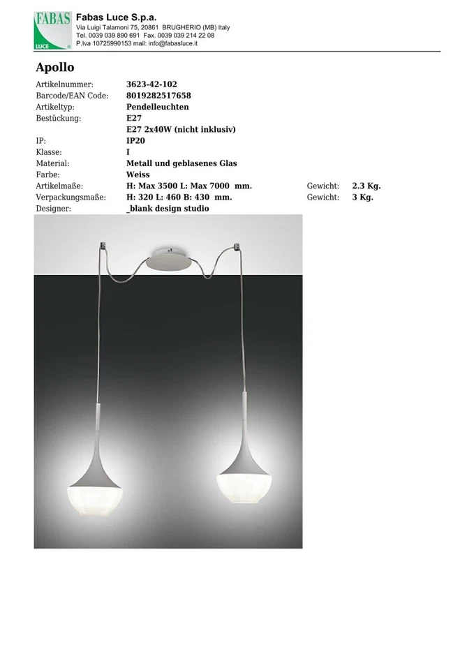 FABAS LUCE Pendel Leuchte Hänge Lampe Apollo  3623-42-102 weiß 2flg. E27 - Bild 4 von 4