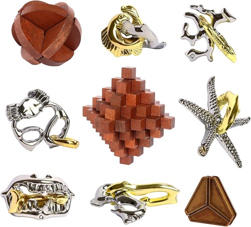 9pcs Retro Wooden & Metal Puzzles for Adults, Teens, Kids Brain Teaser