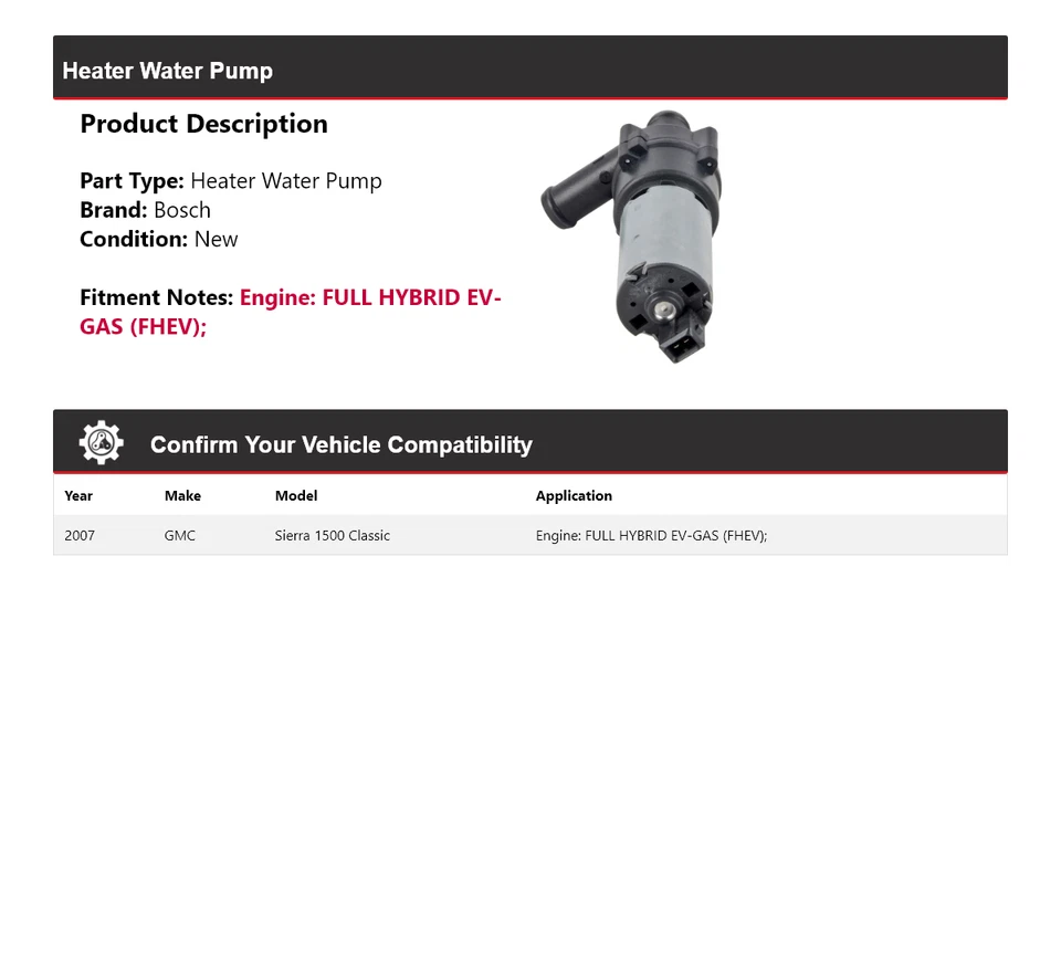 Bomba de agua calefactora Bosch Classic 2007 GMC Sierra 1500 Foto 2 de 4