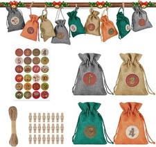 24 Pcs Christmas Advent Calendar Bags Wooden Small Burlap Bags Hanging Gift Bag