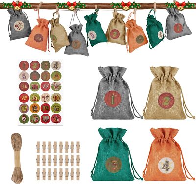 24 Pcs Christmas Advent Calendar Bags Wooden Small Burlap Bags Hanging Gift Bag