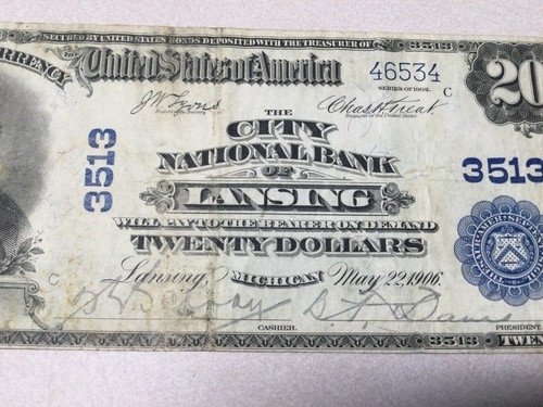 National Currency Series 1902-20.00 Bill City National Bank Lansing Blue Seal - Picture 3 of 11