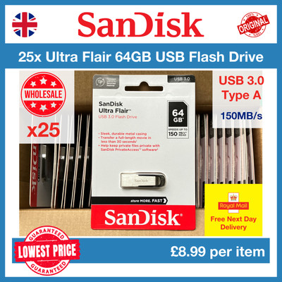 25x SanDisk 64GB Ultra Flair USB 3.0 Flash Drive, Großhandel, Großhandel, Menge, KOSTENLOSER NEX