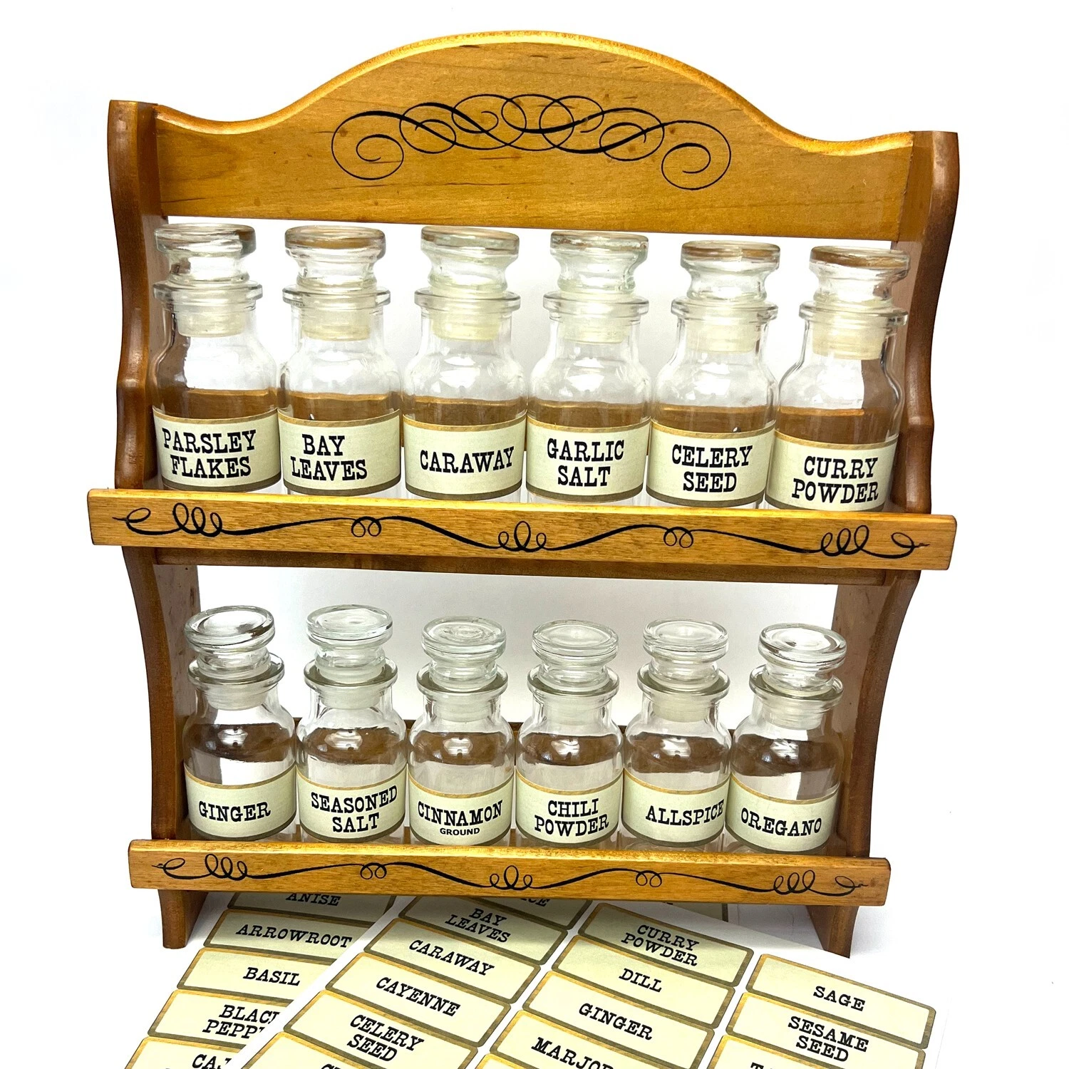 Vintage John Wagner and Sons Wood Spice Rack 12 Jars and Labels
