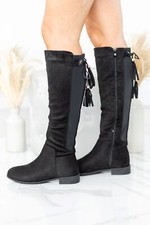 LADIES WOMENS FASHION KNEE HIGH LOW HEEL BOOTS TASSEL ZIP STRETCH FLAT SZE 3-8