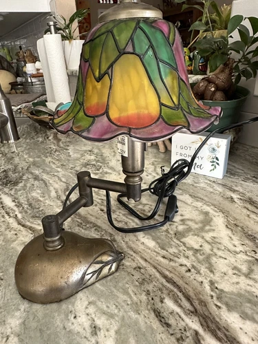 Tiffany Style Glass Pear Shape Dome Brass Lamp With Swing Arm Base Vintage