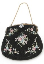Antique French Embroidered Floral Micro Bead Purse Evening Bag