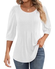 Ficerd Women's Puff 3/4 Sleeve Tops Trendy Crew Neck Tunic Top Pleated Casual