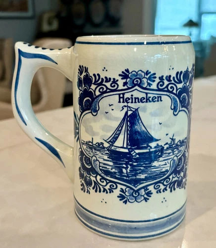Blue Delfts, Hand Painted, made in Holland Vintage 16 oz Heineken Mug