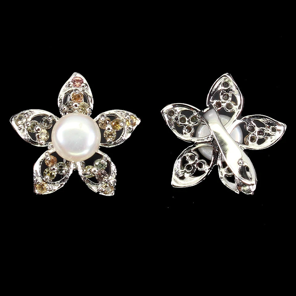 925 Argento Sterling Zaffiro Rotondo Taglio Diamante Multicolore Perla Orecchino - Immagine 3 di 4