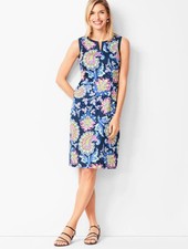 Talbots Paisley Shift Dress Womens Sz 8 Navy Blue Colorful Sleeveless Split Neck