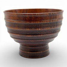 Vintage Hand Turned Wooden Pedestal Bowl Ribbed Carved Wood