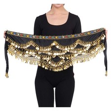Women's Triangular Belly Dancing Hip Scarf Wrap Skirt with Gold Coins Black