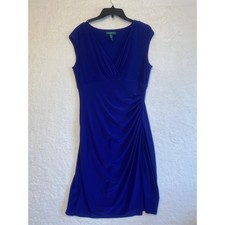 Lauren Ralph Lauren Royal Blue Ruched V Neck Cap Sleeve Sheath Dress Size 12