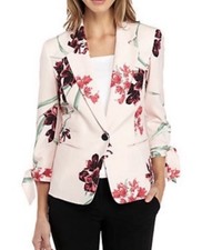 Nine West Womens Size 12 Light Pink Floral Blazer Shoulder Pad Button 3/4 Sleeve