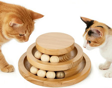 Cat Ball Track Toy for Cats, 3-Level Wooden Tower with 7 Spinning