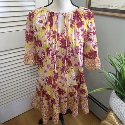 Sundance Dress Petite Small Aisha Pink Yellow Floral Tiered Gauzy Boho Chic