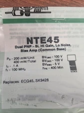 NTE45 Dual PNP-Si, HI Gain, Low Noise, Bias Amp (Common Base)
