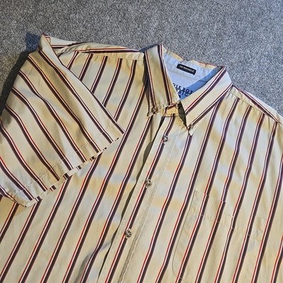 VTG Bugle Boy Shirt Mens XXL Beige Striped Short-Sleeve Button Down Cotton