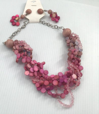 Multi Strand Light Pastel, Pink Wood  plastic 18" necklace w/ matching Earrings