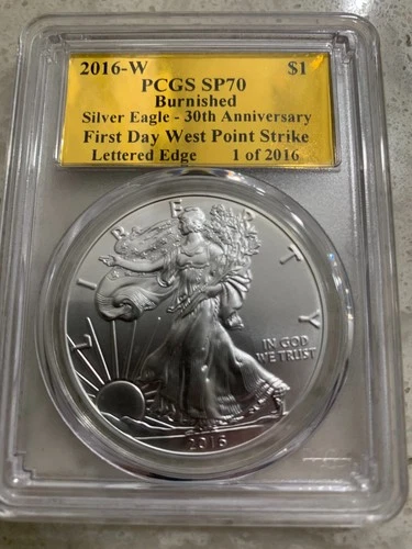2016-W Silver Eagle $1 First Day 30th Ann, PCGS SP70 Burnished Gold Label