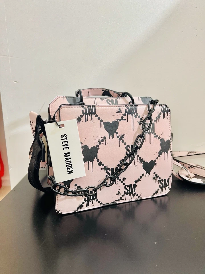 Steve Madden Bevelyn Hearts Satchel Lilac Pink Drip Heart Graffiti Halloween Bag - Image 4 of 4