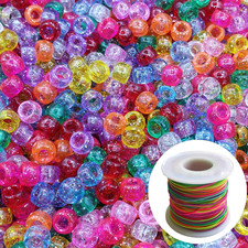1000Pcs Glitter Pony Beads and Rainbow Elastic String Mixed Colors 6X9Mm Acrylic