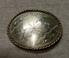vintage USA made ROCKMONT belt buckle NICKEL SILVER etched WESTERN cowboy