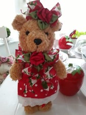 PINK ROSES & RED STRAWBERRIES FABRIC ADORABLE STANDING LADY TEDDY BEAR