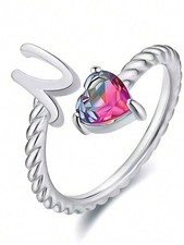 Silver Heart Crystal Initial Letter Ring For Women Size A To Z