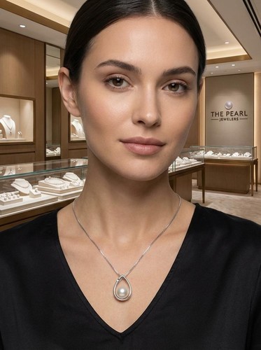 White Pearl Raindrop Pendant with Diamond – 14k White Gold - Picture 3 of 11