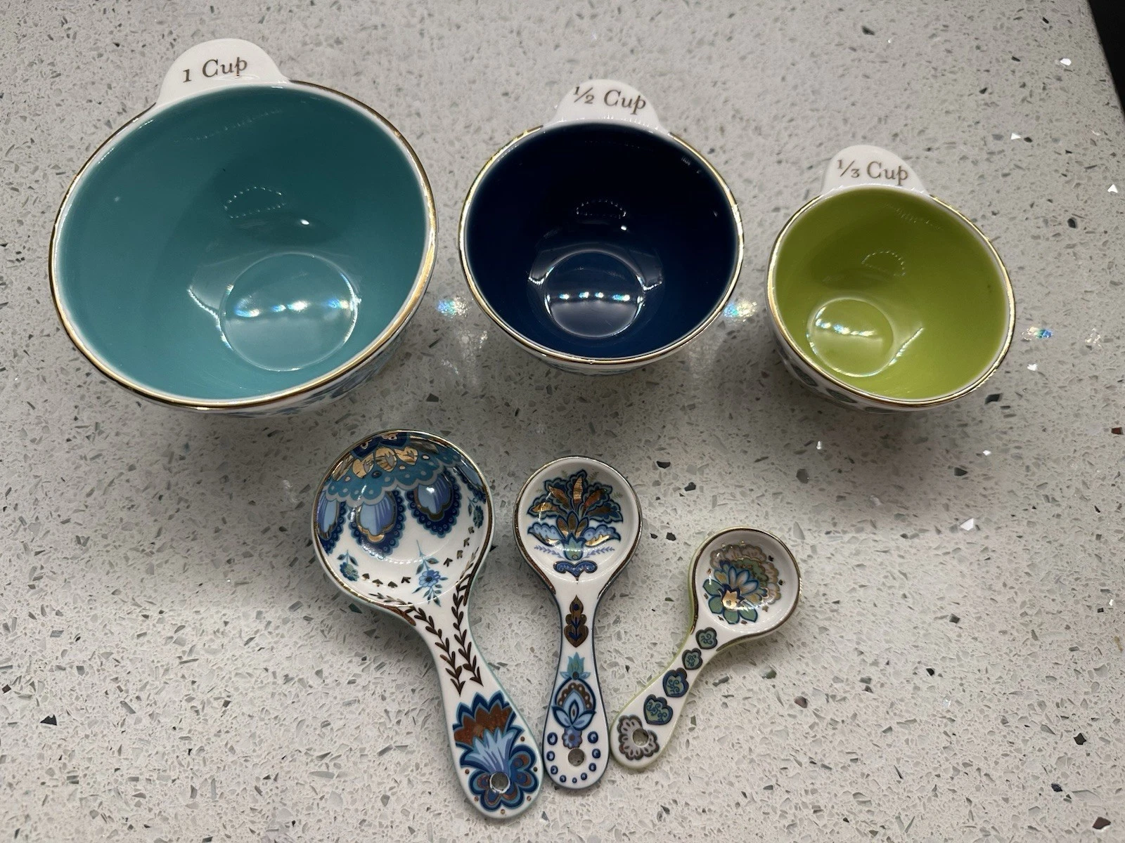 Ceramic Measuring Cup & Spoons Set, Floral Print, Gold Overlay, Teal