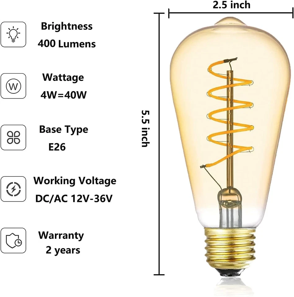12V LED Edison Bulbs 40W Equivalent, Low Voltage 4W St64-amber 4w 2700k 3pack  - Image 2 of 4
