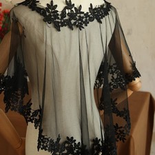 Elegant Black Lace Applique Wedding Wrap, Jewel Collar, Sheer Short Front Long
