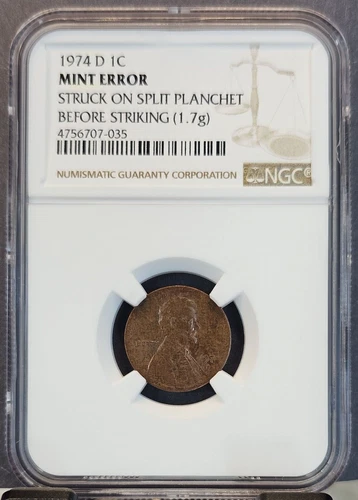 1974 D LINCOLN CENT 1C NGC MINT ERROR STRUCK ON SPLIT PLANCHET BEFORE STRIKING