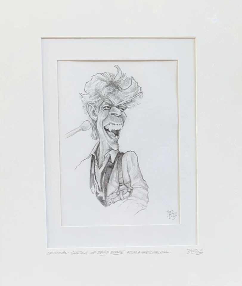 Original Art Graphite Sketch Bowie Caricature by rek - Matted, Framed, COA - Image 2 of 4