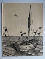 FEDERZEICHNUNG 1955 " FISCHERBOOT KOSEROW " signiert .
