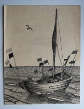 PEN DRAWING 1955 " FISHING BOAT KOSEROW " signed.