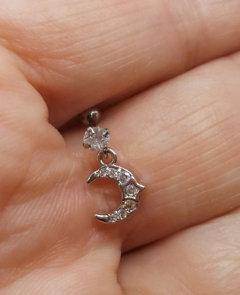 Piercing orecchino acciaio chirurgico trago helix luna stella ciondolo zircone - Immagine 3 di 4